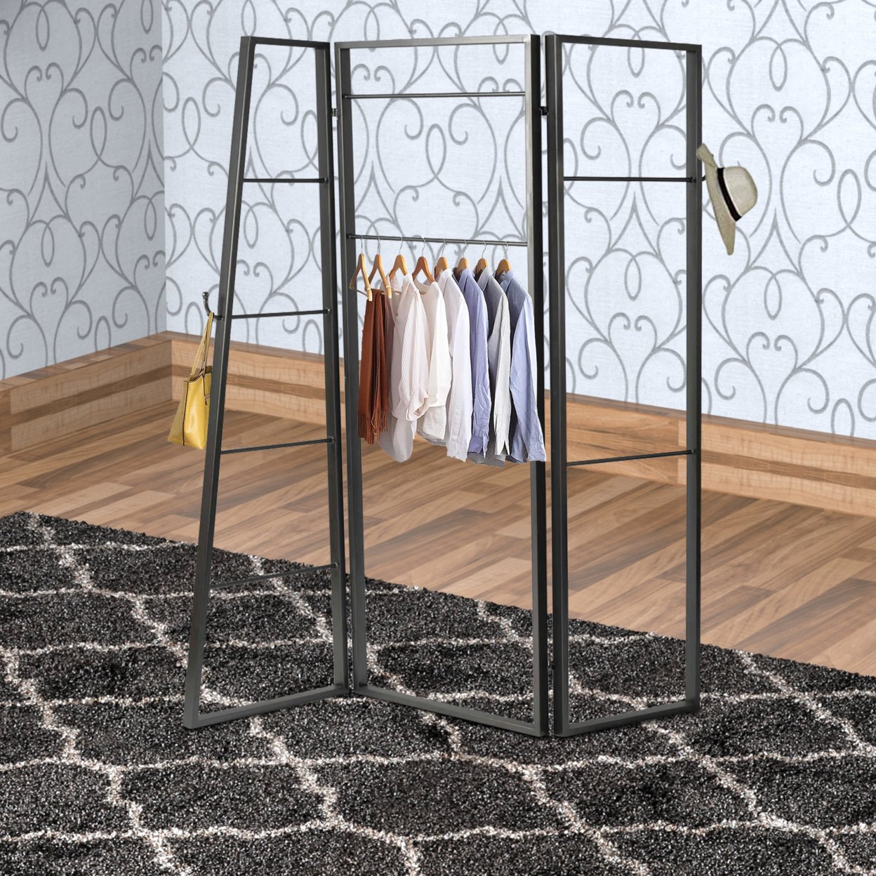 Modern Style 3 Panel Metal Screen With Hooks And Rod Hangings, Black- Saltoro Sherpi