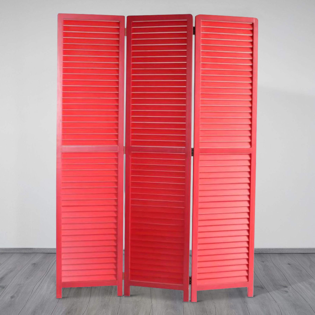 Transitional Wooden Screen With 3 Panels And Shutter Design, Red- Saltoro Sherpi