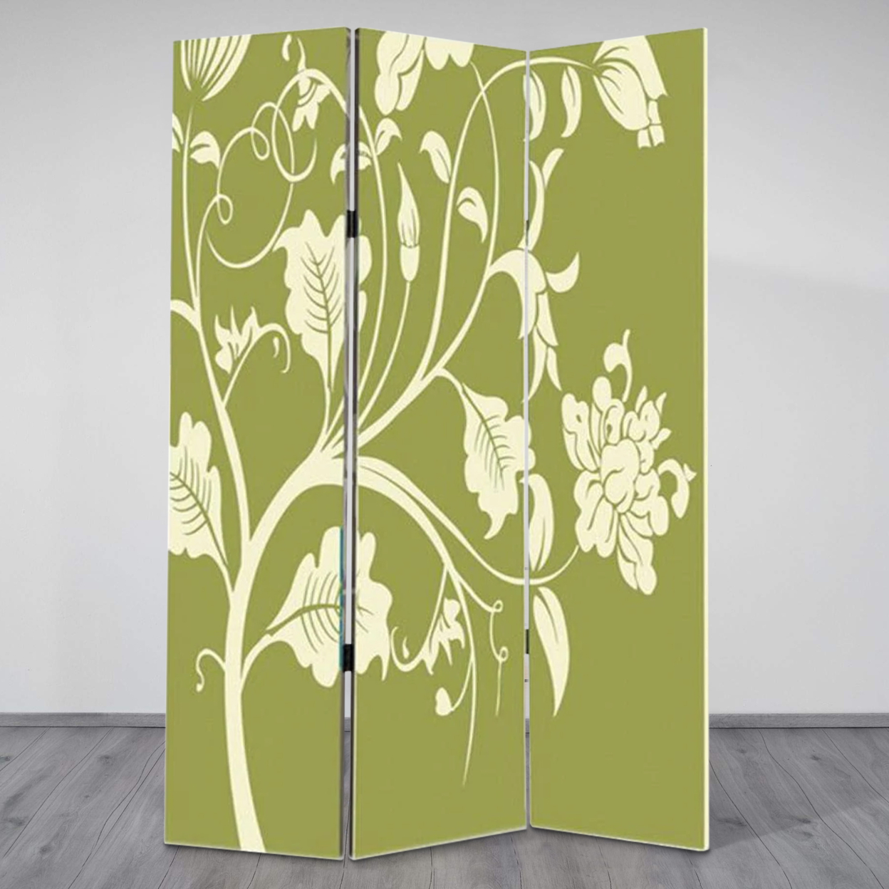 3 Panel Room Divider With Stems And Flower Pattern, Cream And Green- Saltoro Sherpi