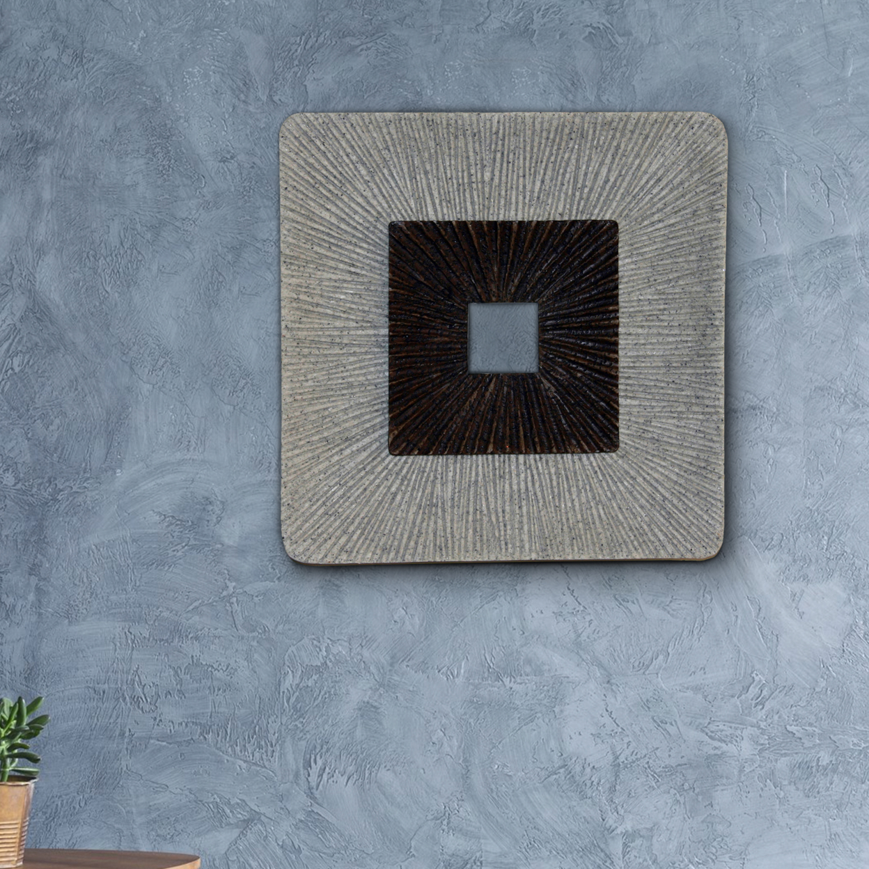 Square Shaped Wall Decor With Ribbed Details, Medium, Brown And Gray- Saltoro Sherpi