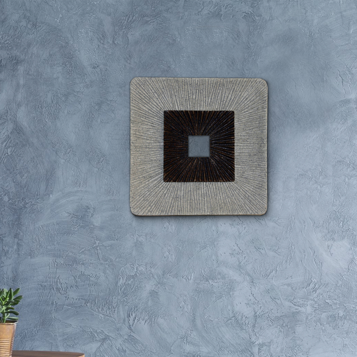 Square Shaped Wall Decor With Ribbed Details, Small, Brown And Gray- Saltoro Sherpi