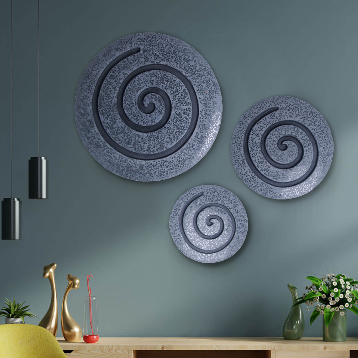 Round Sandstone And Glass Wall Decor With Spiral Design, Small, Gray- Saltoro Sherpi