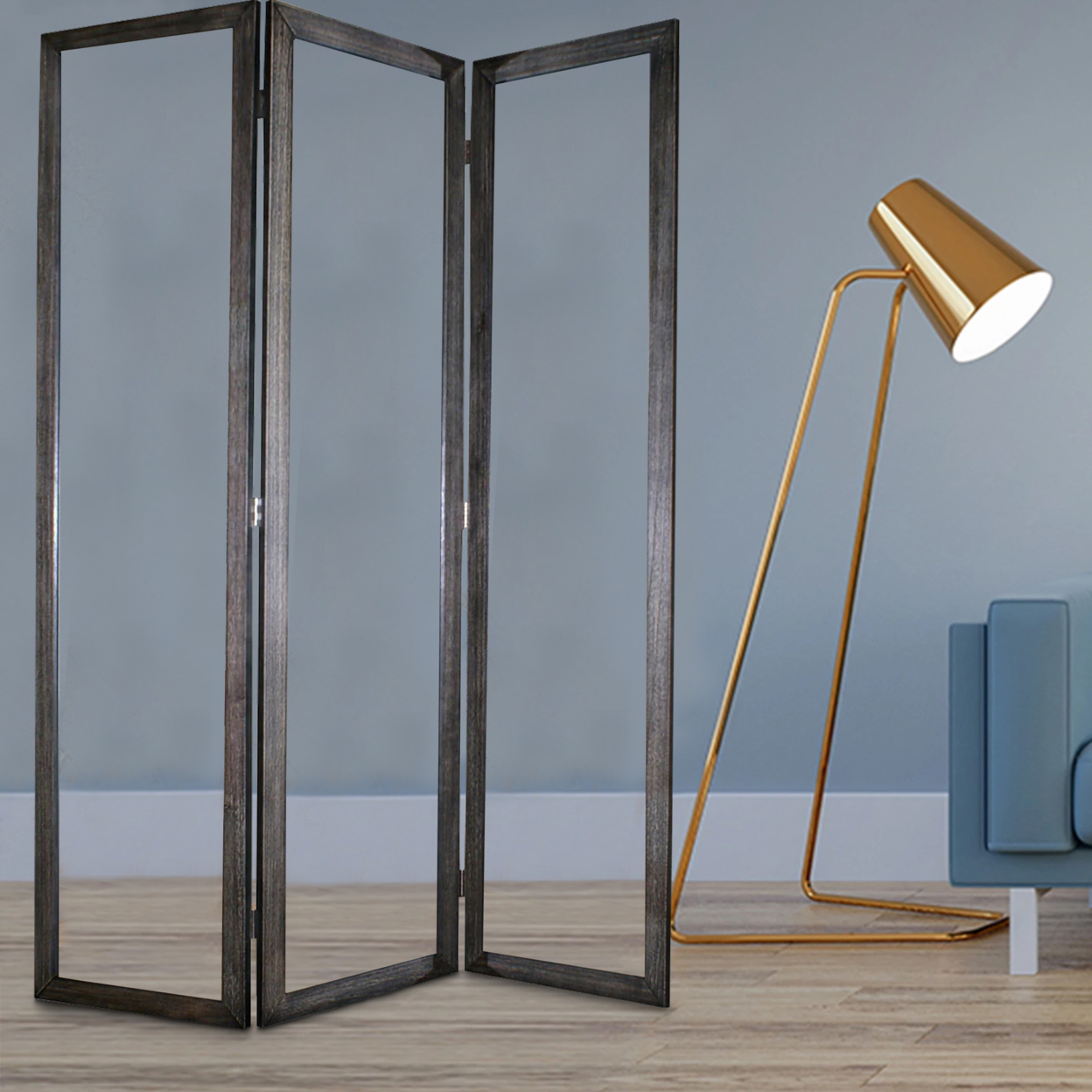 3 Panel Wooden Foldable Mirror Encasing Room Divider, Gray And Silver- Saltoro Sherpi