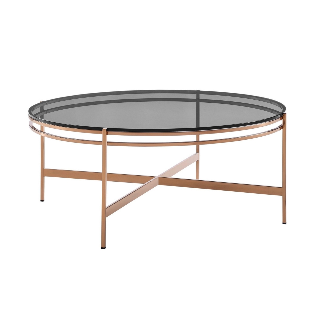 Cid 35 Inch Modern Coffee Table, Black Smoked Glass Top, Rose Gold Legs- Saltoro Sherpi