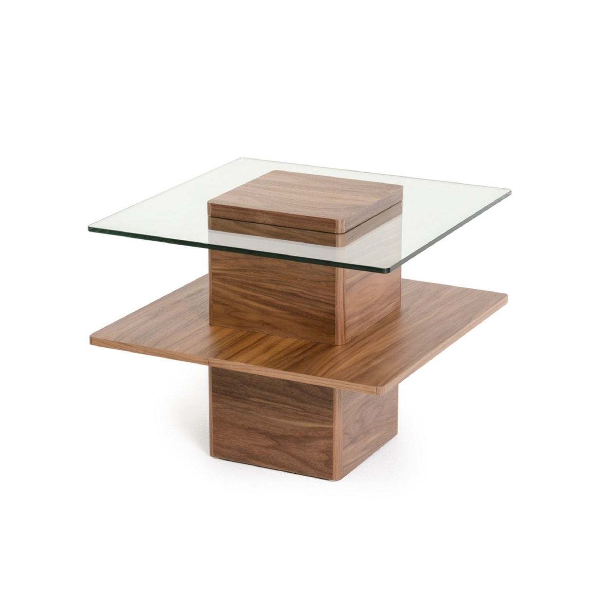 Cid 24 Inch Modern End Table, Thick Block Pedestal Base, 2 Tier, Walnut- Saltoro Sherpi