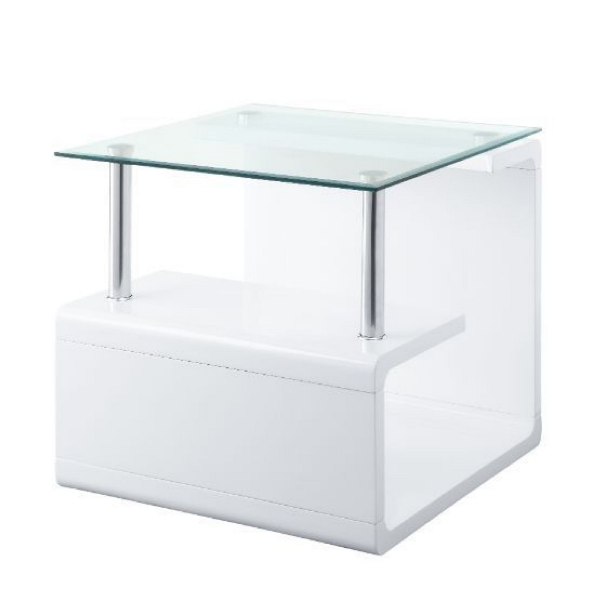 24 Inch Square Accent End Table, Glass Top, Open Shelf, White, Chrome- Saltoro Sherpi