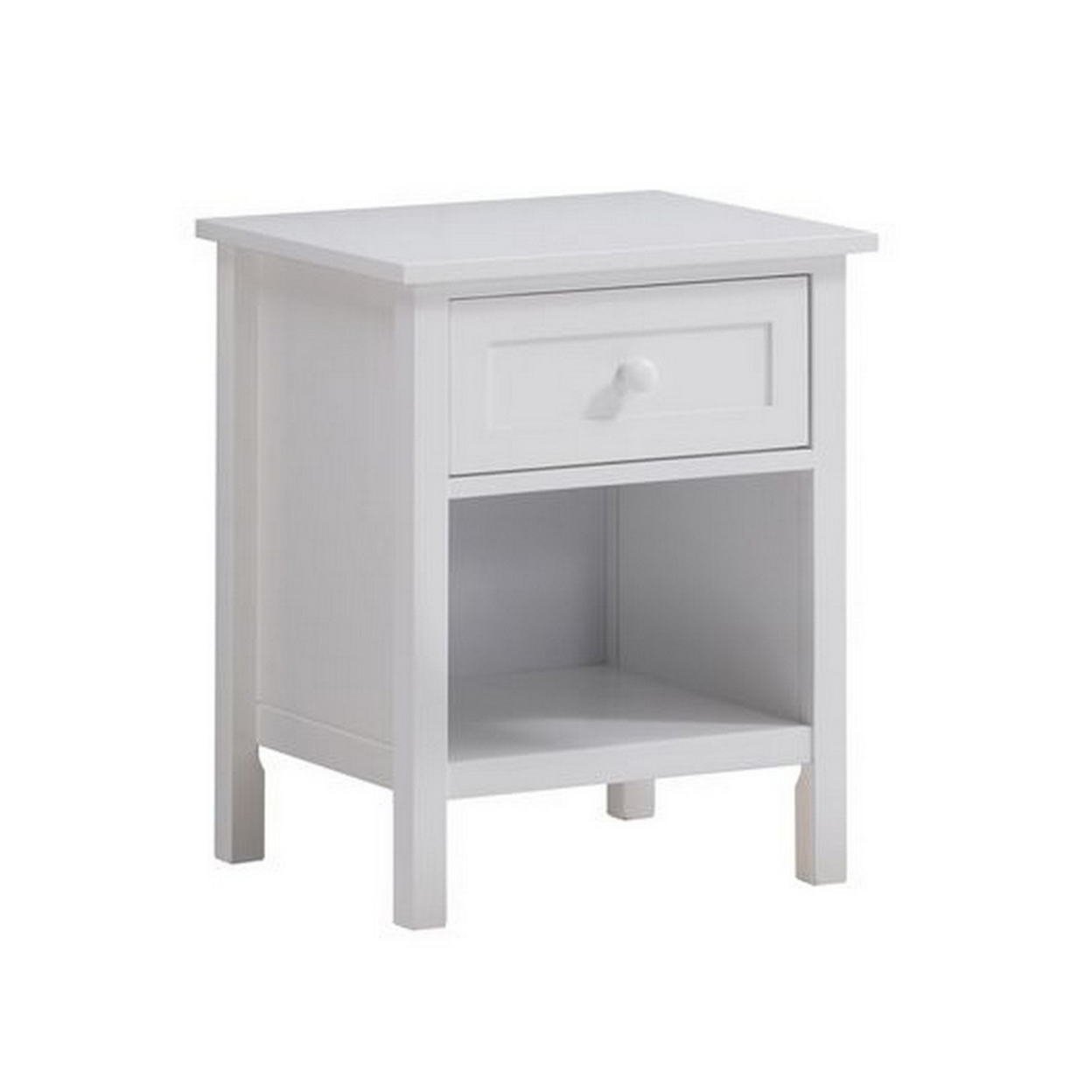 Mio 24 Inch Single Drawer Nightstand, Solid Wood, Open Shelf, Glossy White- Saltoro Sherpi