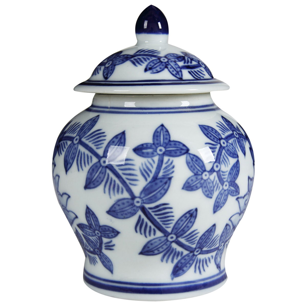 6 Inch Porcelain Jar, Urn Shape, Lid, Floral Design, Blue, White- Saltoro Sherpi