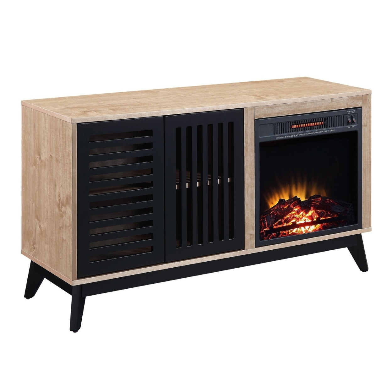 Nael 46 Inch Wood Console Table, LED Electric Fireplace, Oak Brown, Black- Saltoro Sherpi