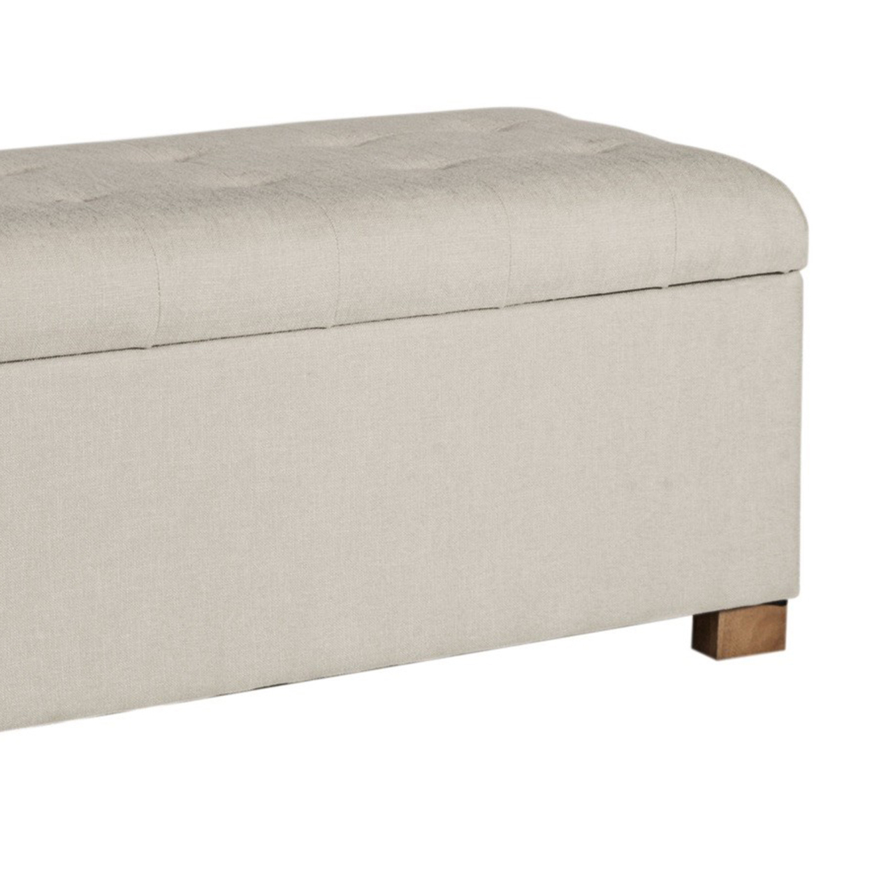 Polyester Upholstery Bench With Button Tufted Hinged Lid Storage And Wood Feet, Large, Light Gray- Saltoro Sherpi