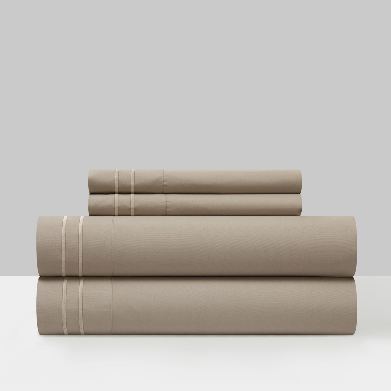 Vina 3 Or 4 Piece Sheet Set Solid Color With Dual Stripe Embroidery - Taupe, Twin