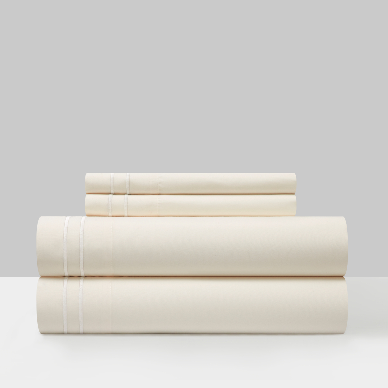 Vina 3 Or 4 Piece Sheet Set Solid Color With Dual Stripe Embroidery - Beige, Twin