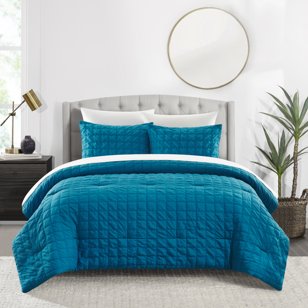 Dessay 2 Or 3 Piece Comforter Set Washed Garment Technique Geometric Square Tile - Blue, Queen