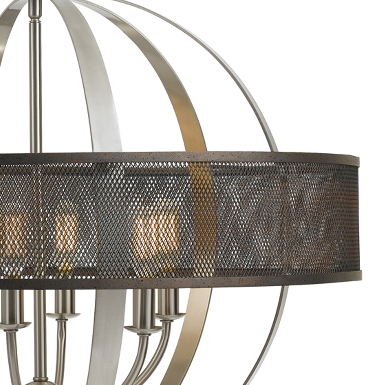 6 Bulb Round Metal Chandelier With Mesh Design, Chrome And Gray- Saltoro Sherpi