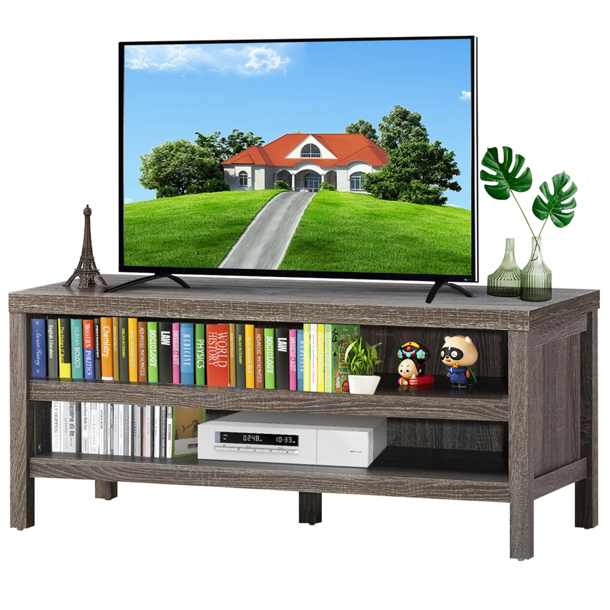 3-Tier TV Stand Console Cabinet For TV's Up To 45'' W/ Storage Shelves - Grey Oak
