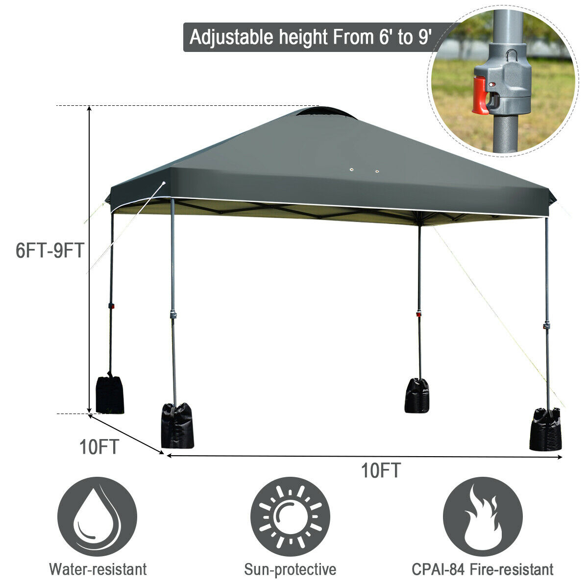 Gymax 10x10 FT Pop Up Canopy Tent Wheeled Carry Bag 4 Canopy Sand Bag - Gray