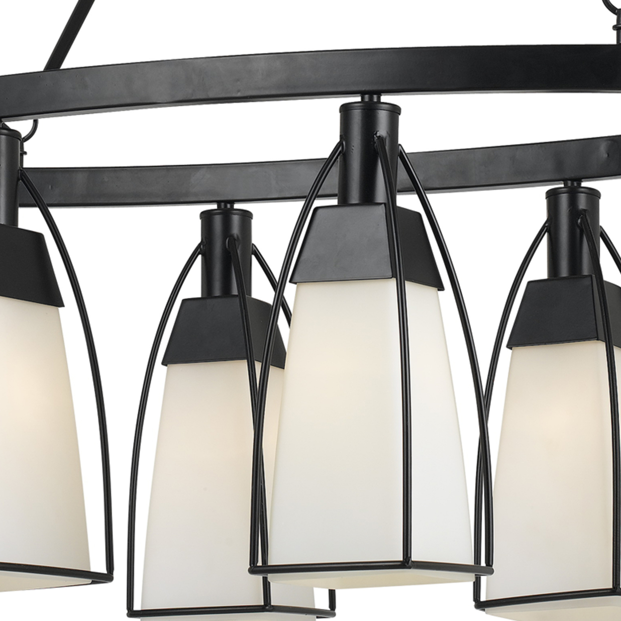 6 Bulb Oval Metal Frame Chandelier With Glass Shades, Black And White- Saltoro Sherpi