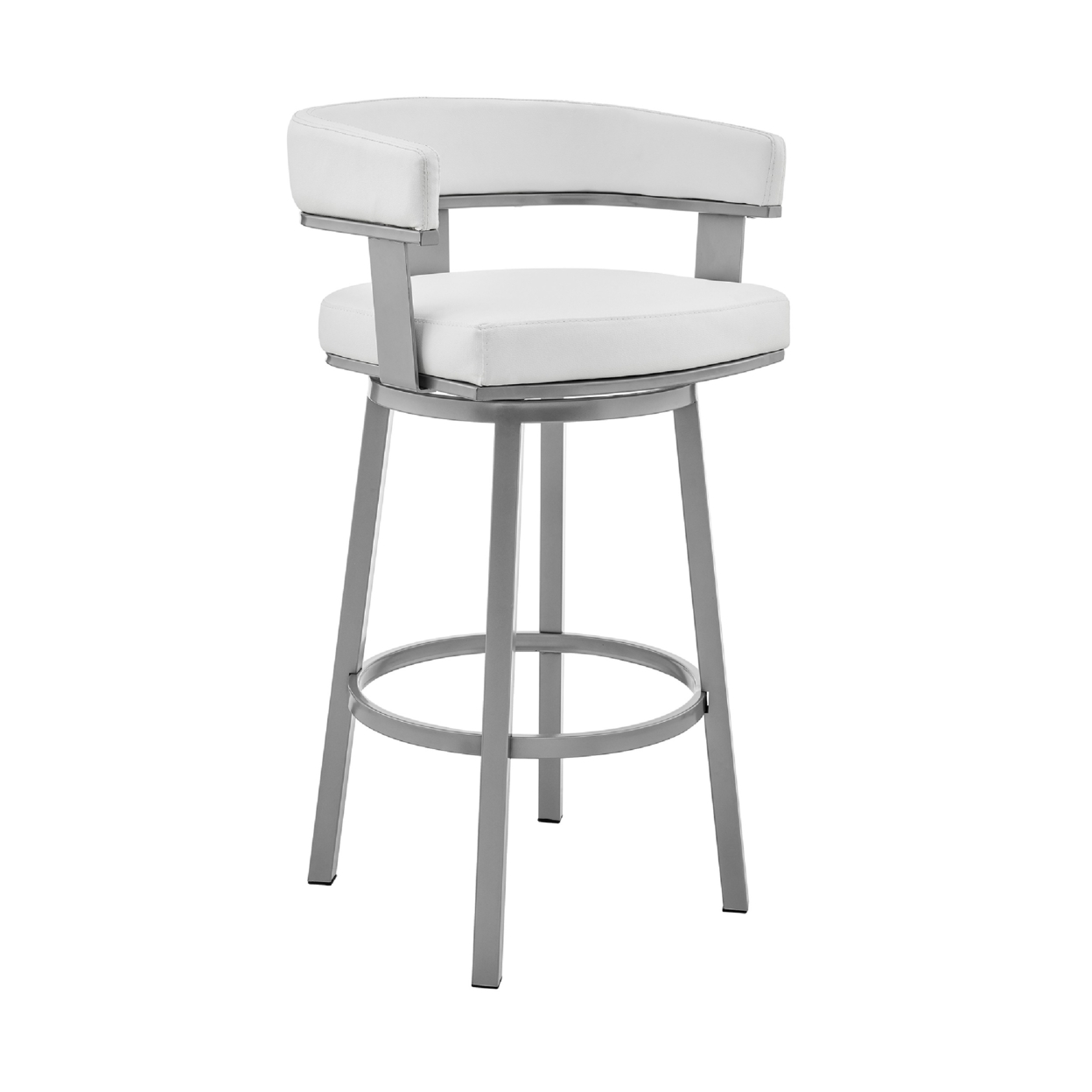 Swivel Barstool With Curved Open Back And Metal Legs, Silver And White- Saltoro Sherpi