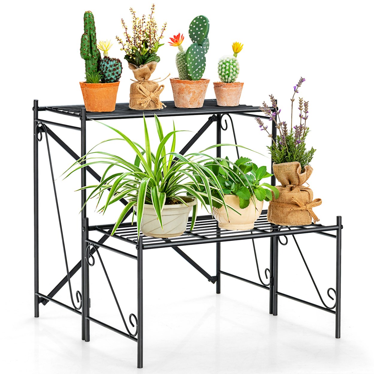 2-Tier Stair Style Metal Plant Stand Flower Pot Display Holder Indoor & Outdoor