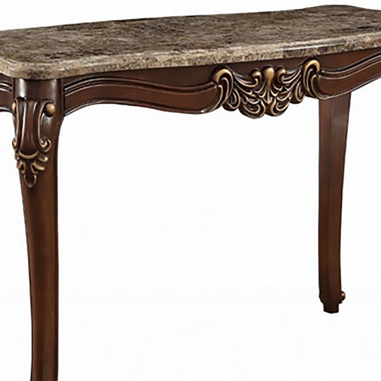 Marble Top Sofa Table With Carved Floral Motifs Wooden Feet, Brown- Saltoro Sherpi