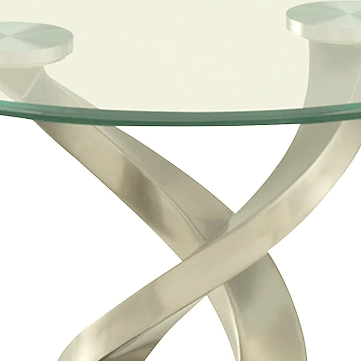 Modern Round Glass Top End Table With Twisted Metal Base, Silver And Black- Saltoro Sherpi