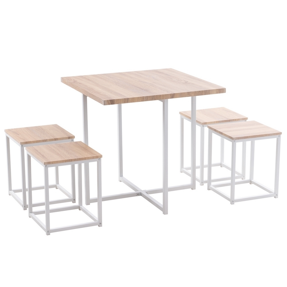 5 Piece Dining Table Set, Dining Set for 4, PVC Table and 4 Stools, Light Oak Color & White