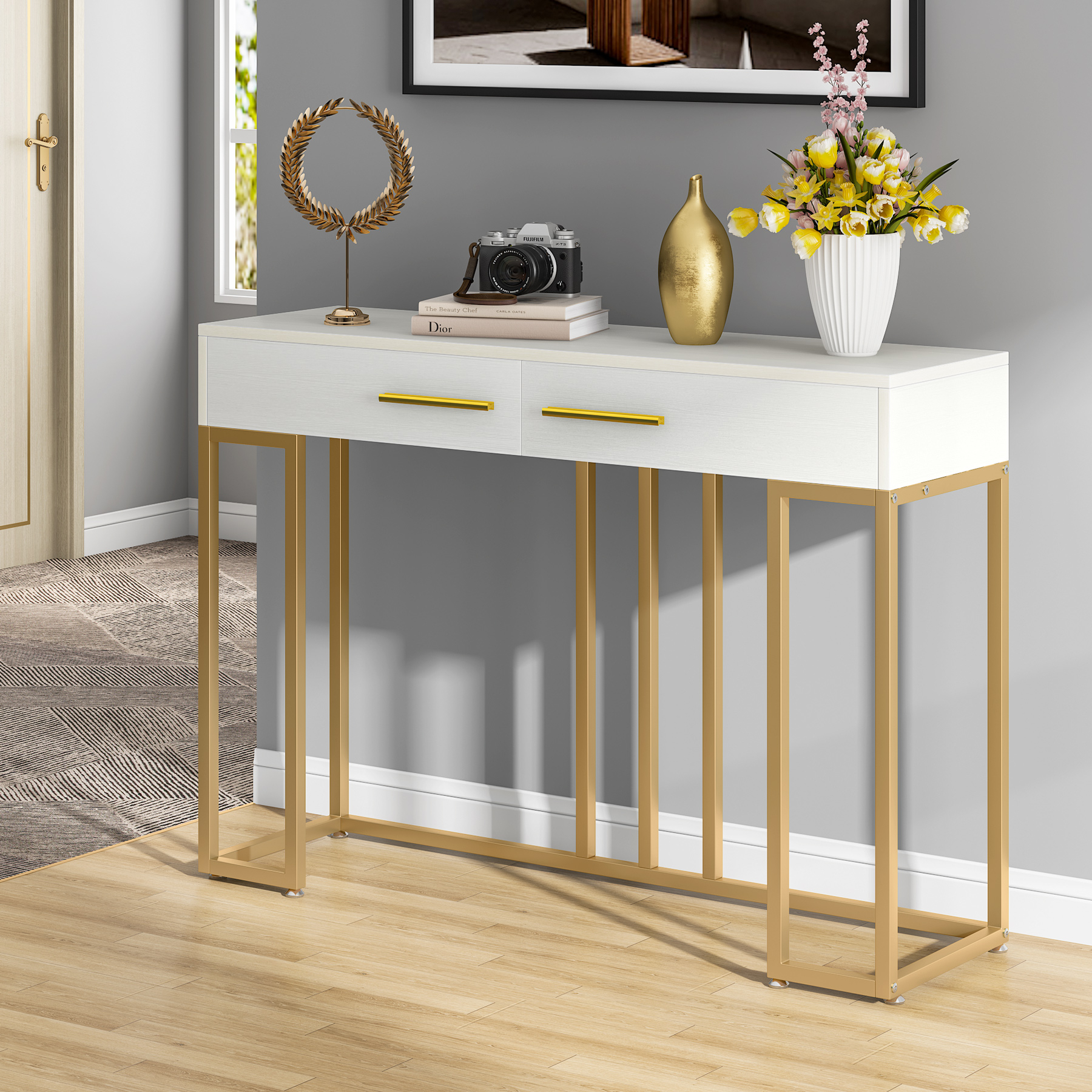 Tribesigns Console Table 2-Drawer, 47-inch White Sofa Couch Table Hallway Foyer Table