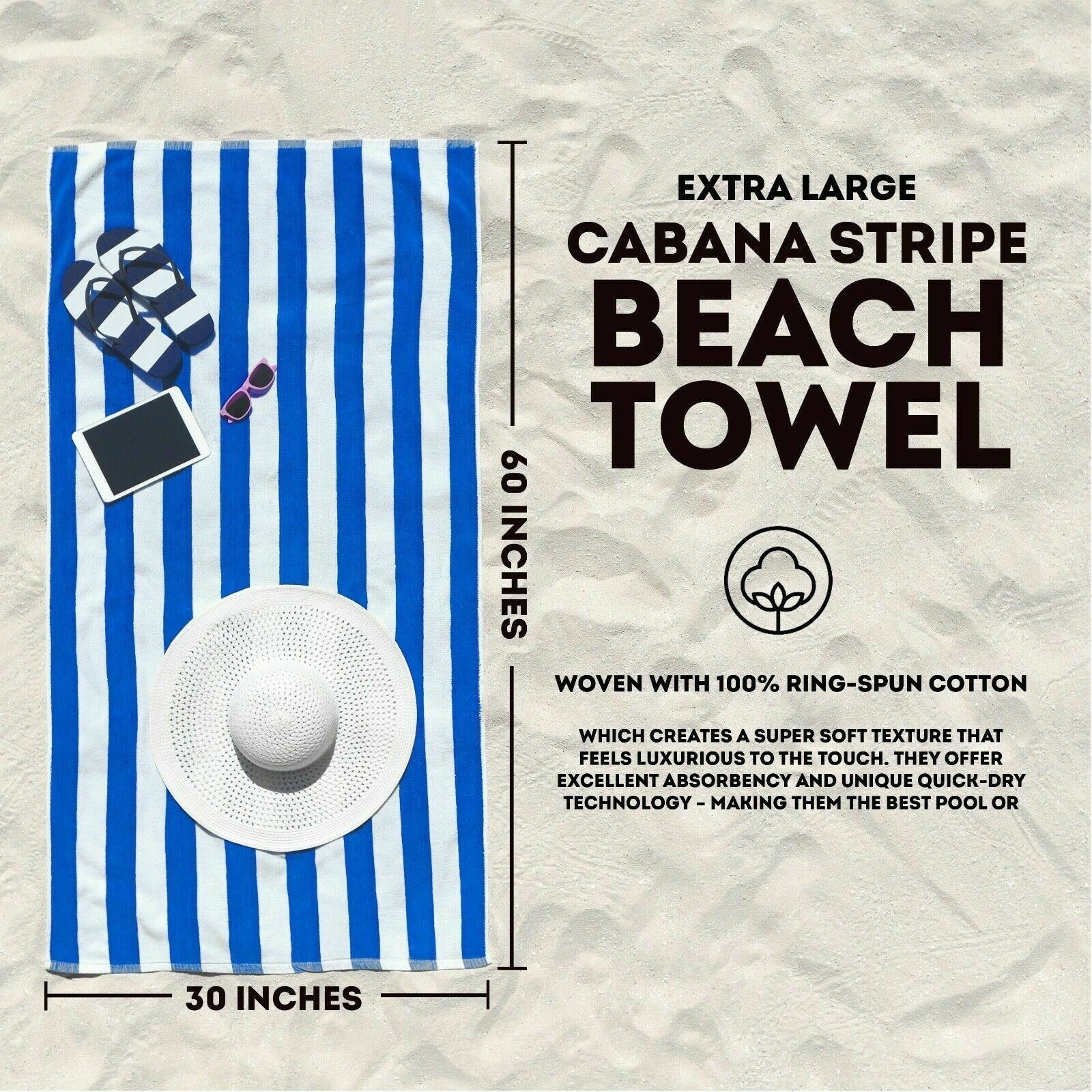 3-Pack: 30 X 60 Ultra-Soft 100% Cotton Striped Pool Cabana Hotel Beach Towels