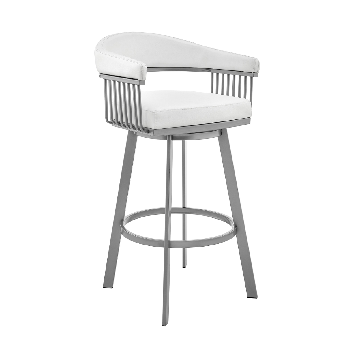 Lu 29 Inch Swivel Barstool, Open Metal Frame, Slatted Arms, White And Silver