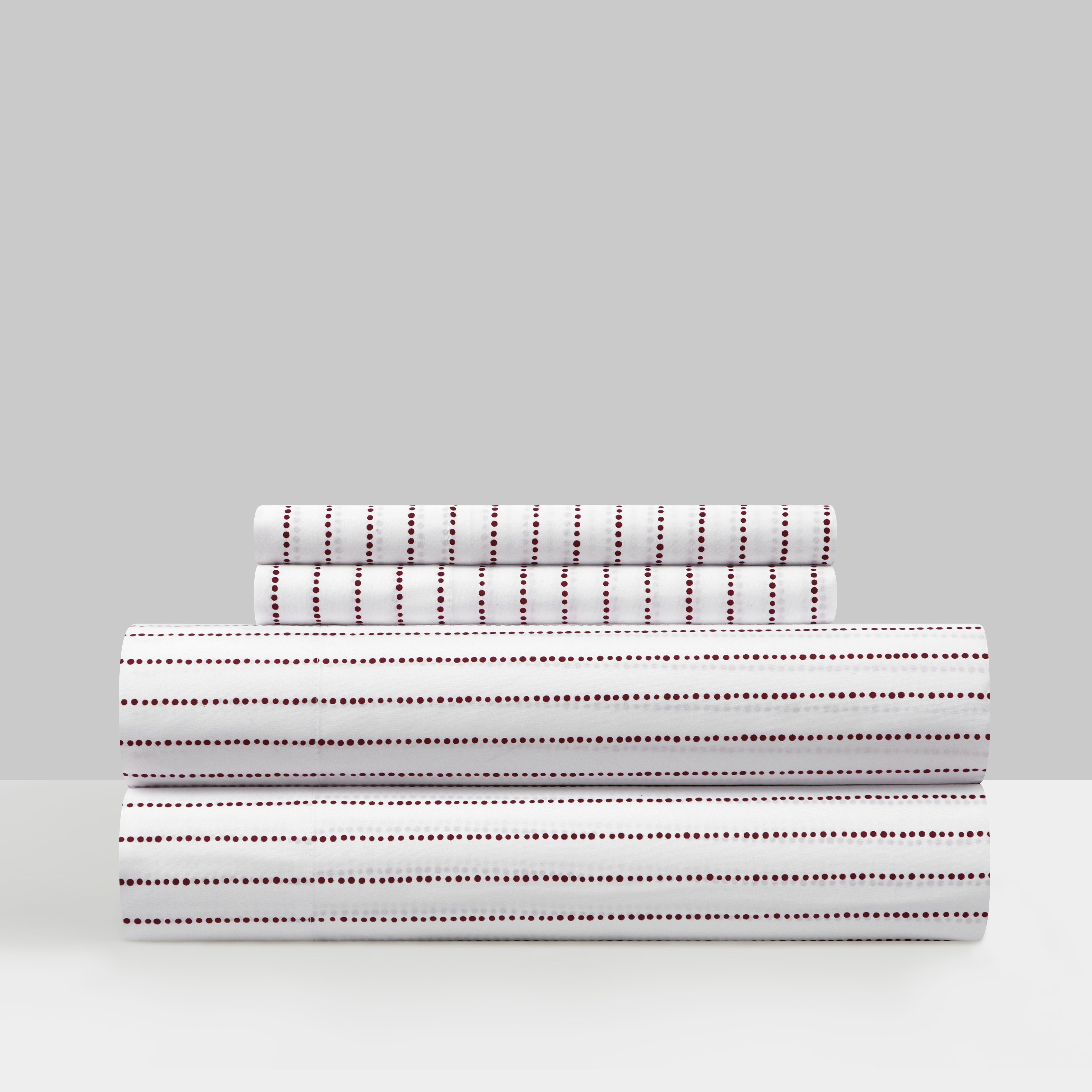 Caley 3 Or 4 Piece Sheet Set Solid White With Dot Striped Pattern Print Design - Wine Red, Queen