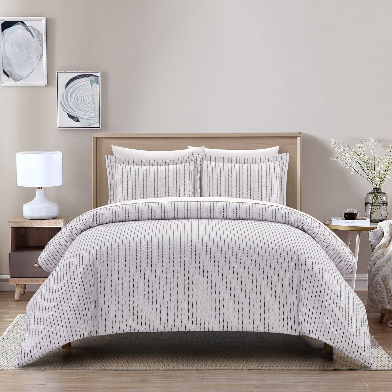 Vasey 2 Or 3 Piece Duvet Cover Set Contemporary Solid White With Dot Striped - Dark Purple, King