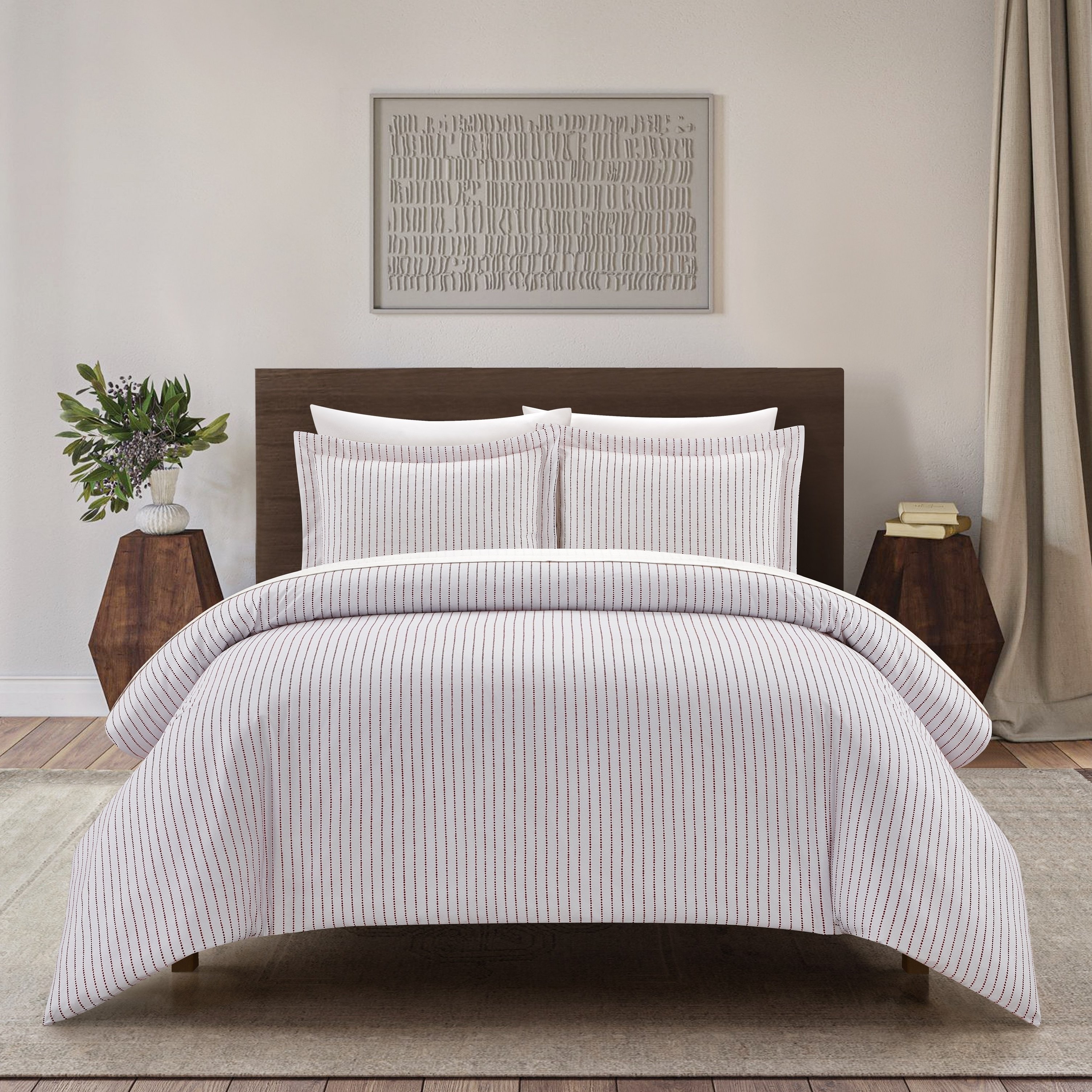 Vasey 2 Or 3 Piece Duvet Cover Set Contemporary Solid White With Dot Striped - Wine Red, Queen