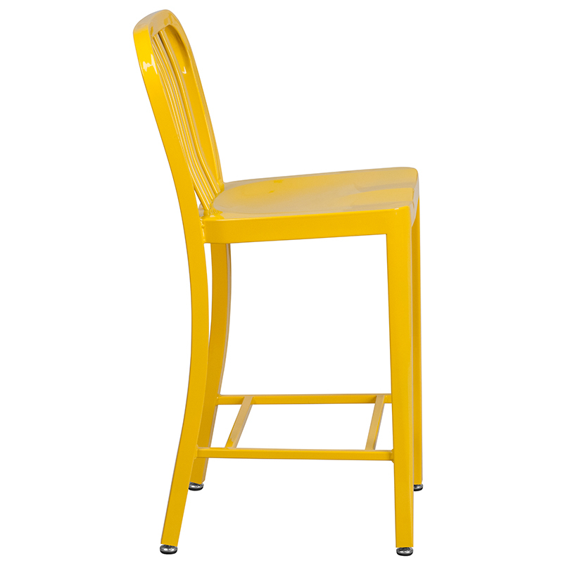 Commercial Grade 24 High Yellow Metal Indoor-Outdoor Counter Height Stool With Vertical Slat Back