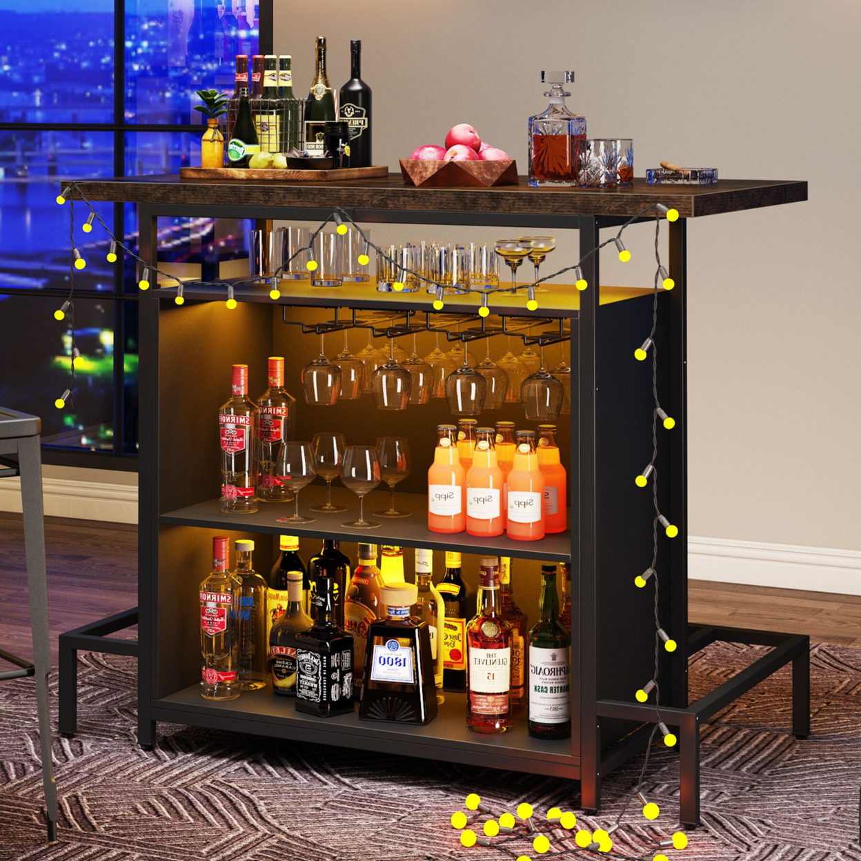 Tribesigns Home Bar Unit, Industrial 3-Tier Liquor Bar Table With Glasses Holder And Wine Storage, Wine Bar Cabinet Set Mini Bar With Footre