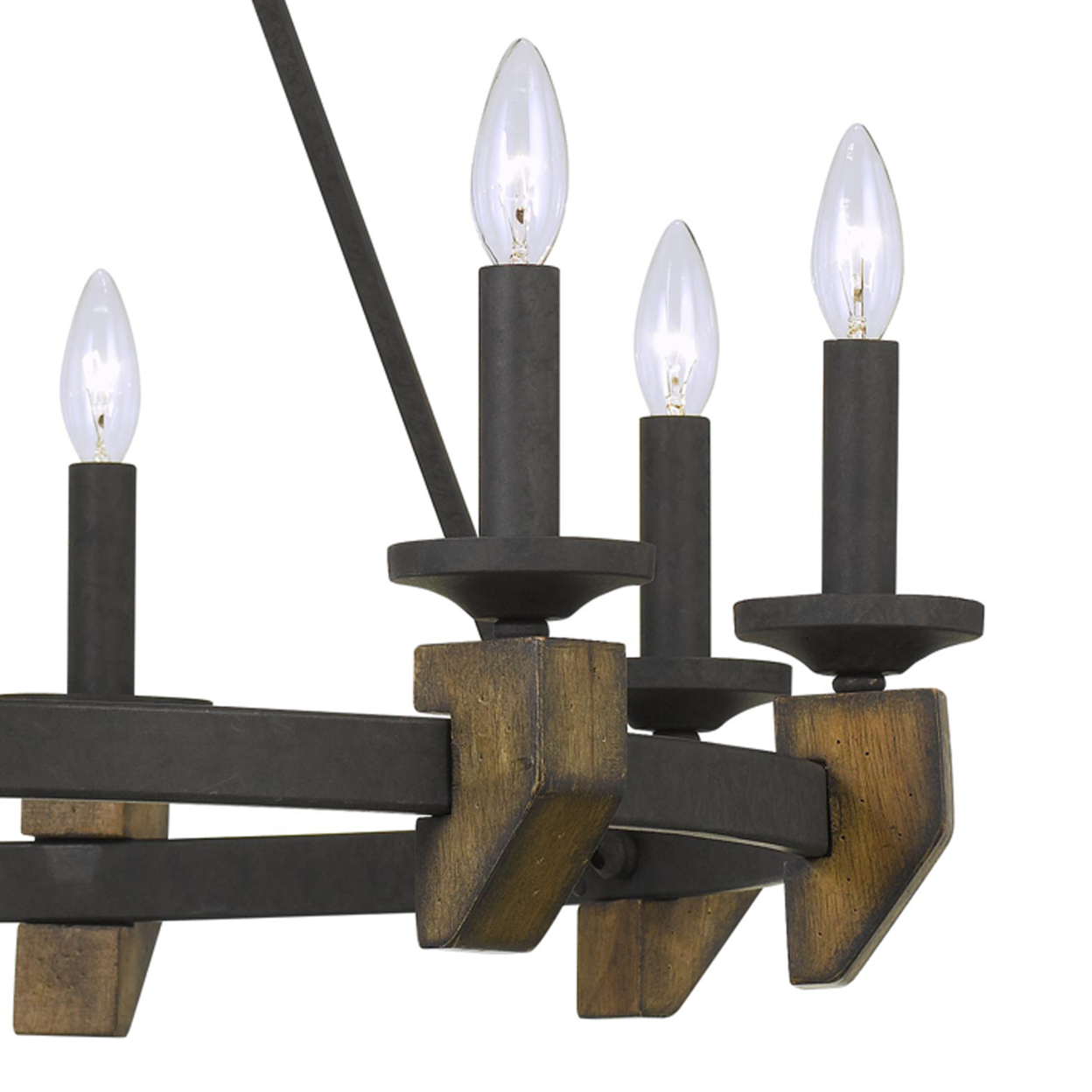 9 Bulb Round Metal Chandelier With Candle Lights And Wooden Accents, Black- Saltoro Sherpi