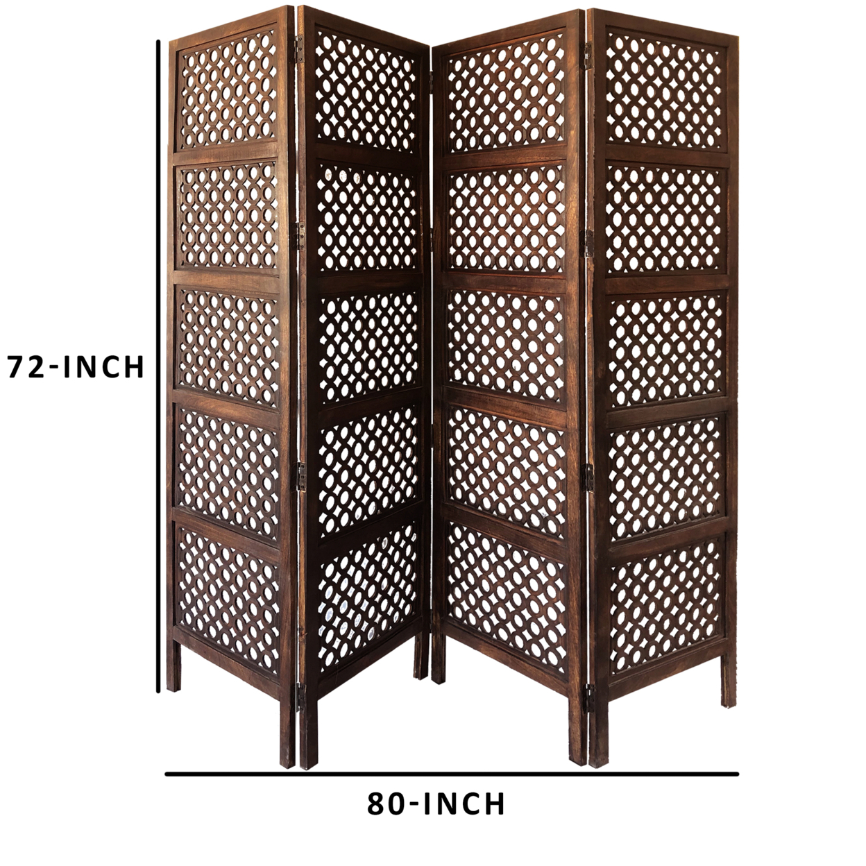 Decorative Four Panel Mango Wood Hinged Room Divider With Circular Cutout Design, Brown- Saltoro Sherpi