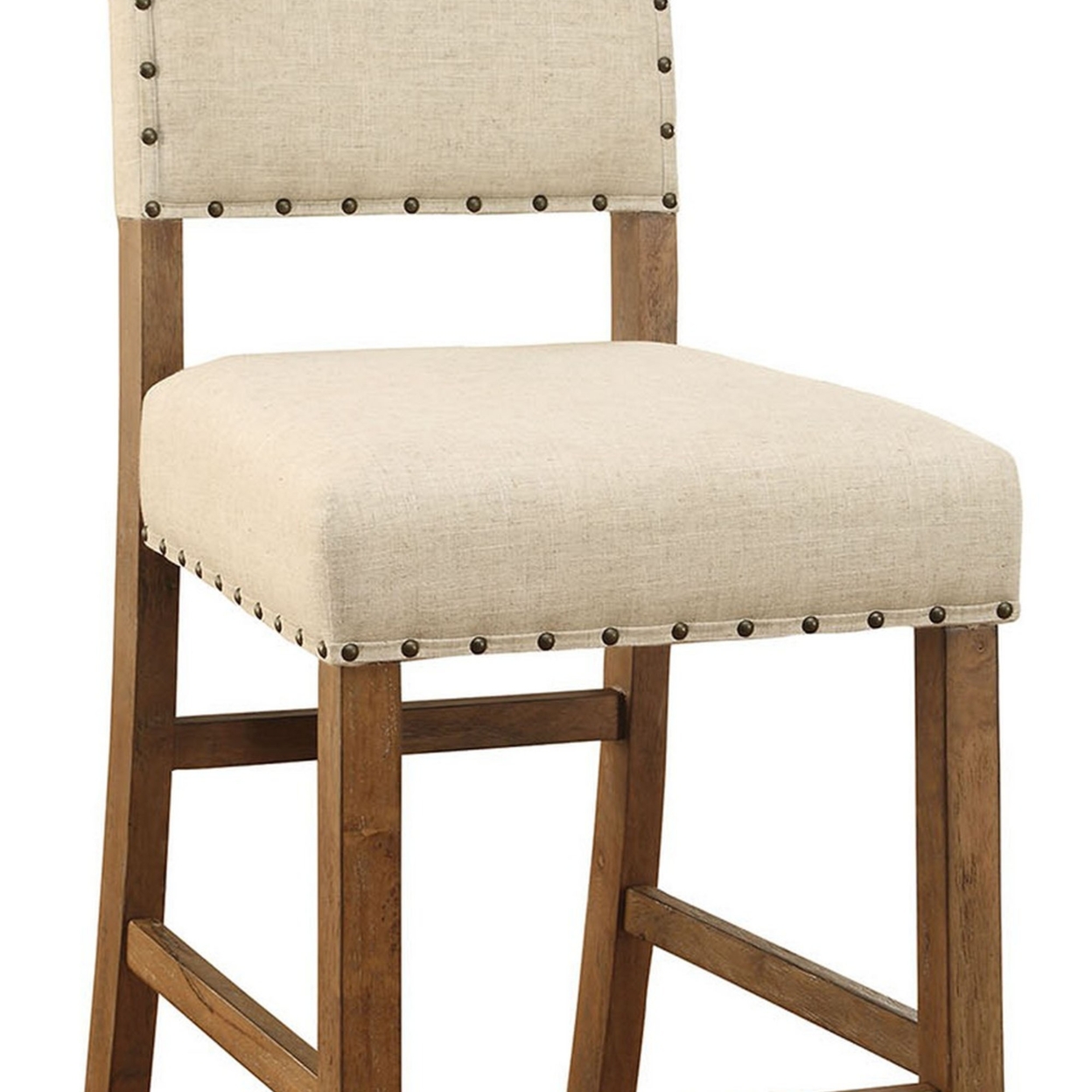 Counter Height Chair, Beige Fabric, Nailhead Trim, Set Of 2, Brown Wood Legs- Saltoro Sherpi