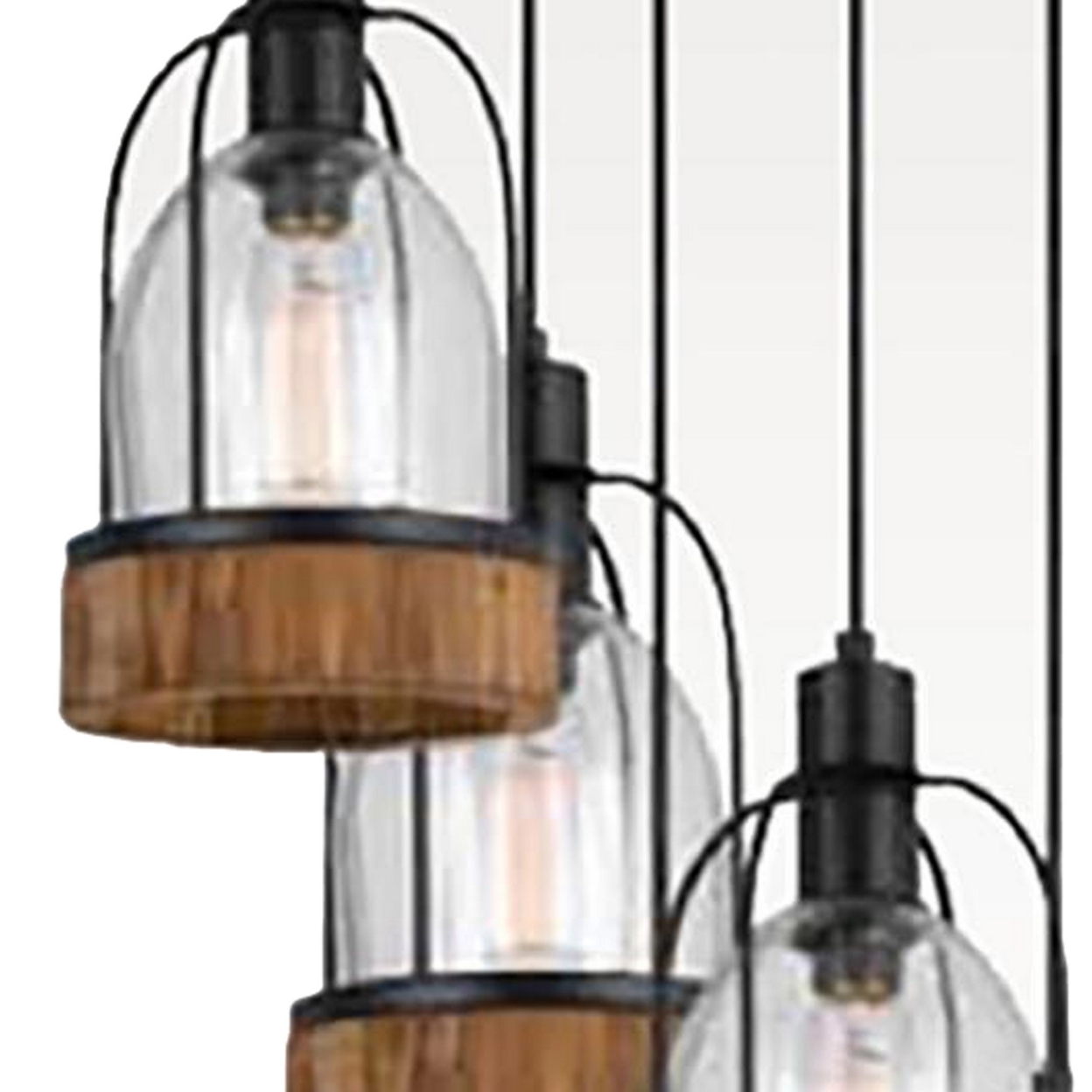 5 Bulb Wind Chime Design Pendant Fixture With Wooden And Glass Shade, Black- Saltoro Sherpi