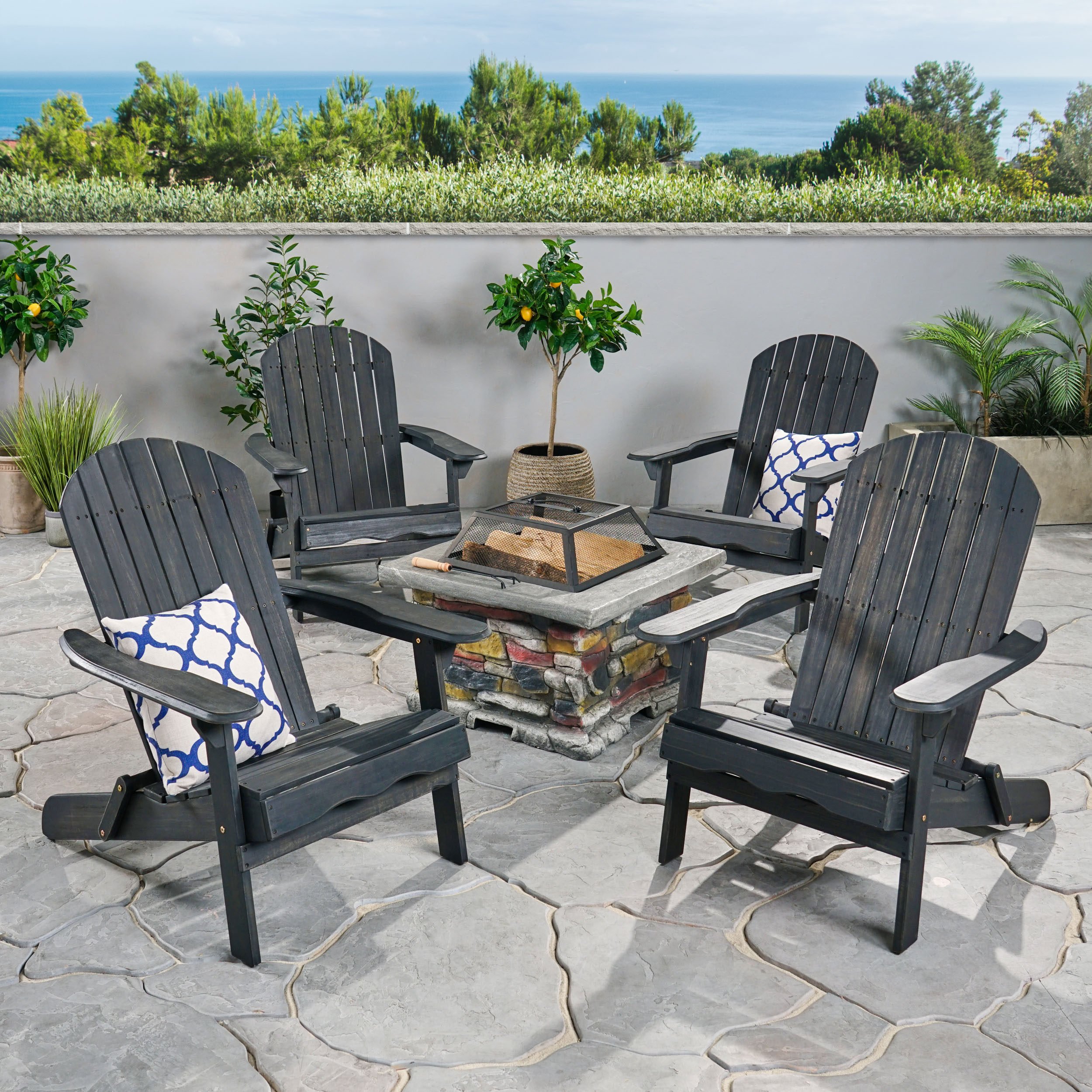 Benson Outdoor 5 Piece Acacia Wood/ Light Weight Concrete Adirondack Chair Set With Fire Pit - Dark Grey