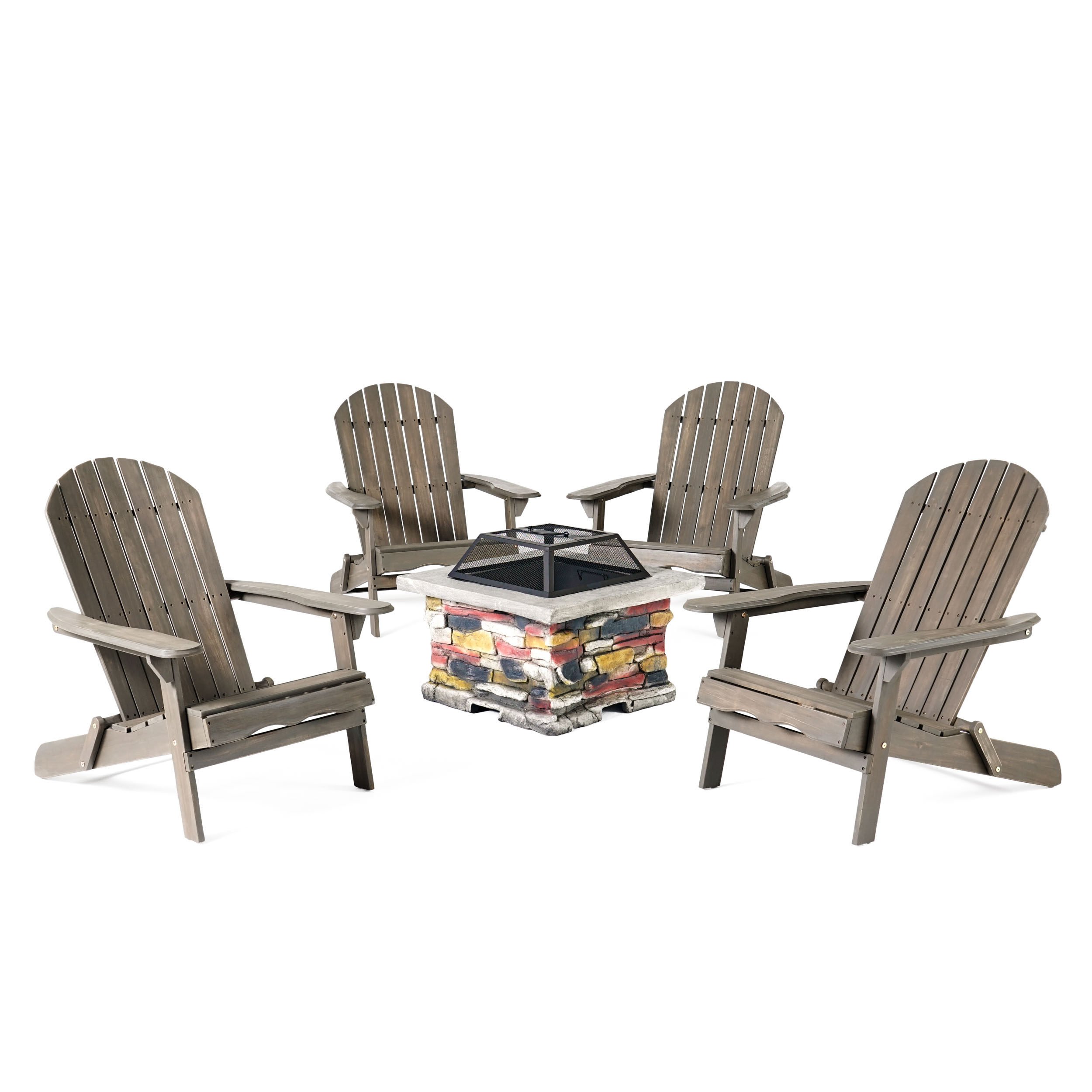 Benson Outdoor 5 Piece Acacia Wood/ Light Weight Concrete Adirondack Chair Set With Fire Pit - Grey