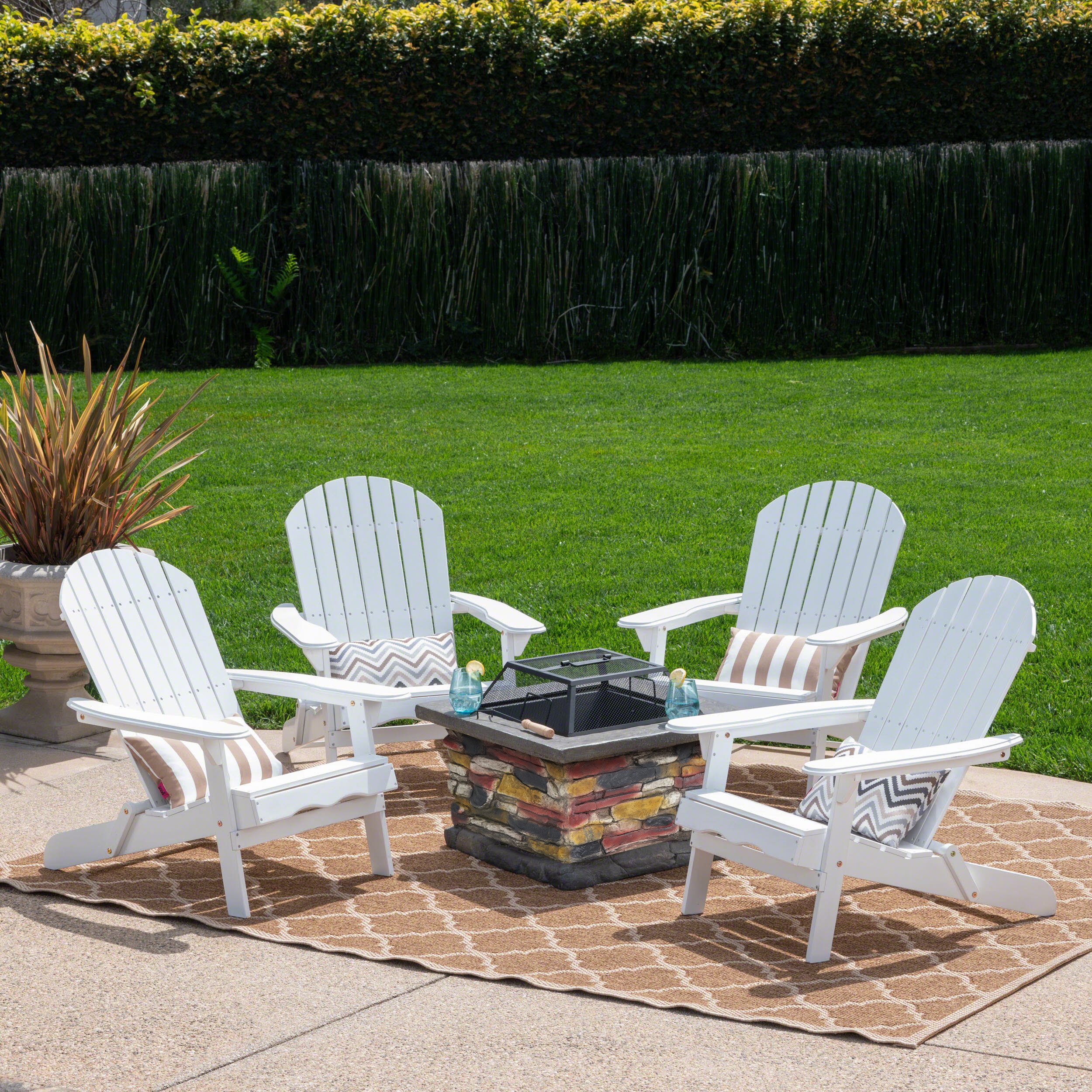 Benson Outdoor 5 Piece Acacia Wood/ Light Weight Concrete Adirondack Chair Set With Fire Pit - White