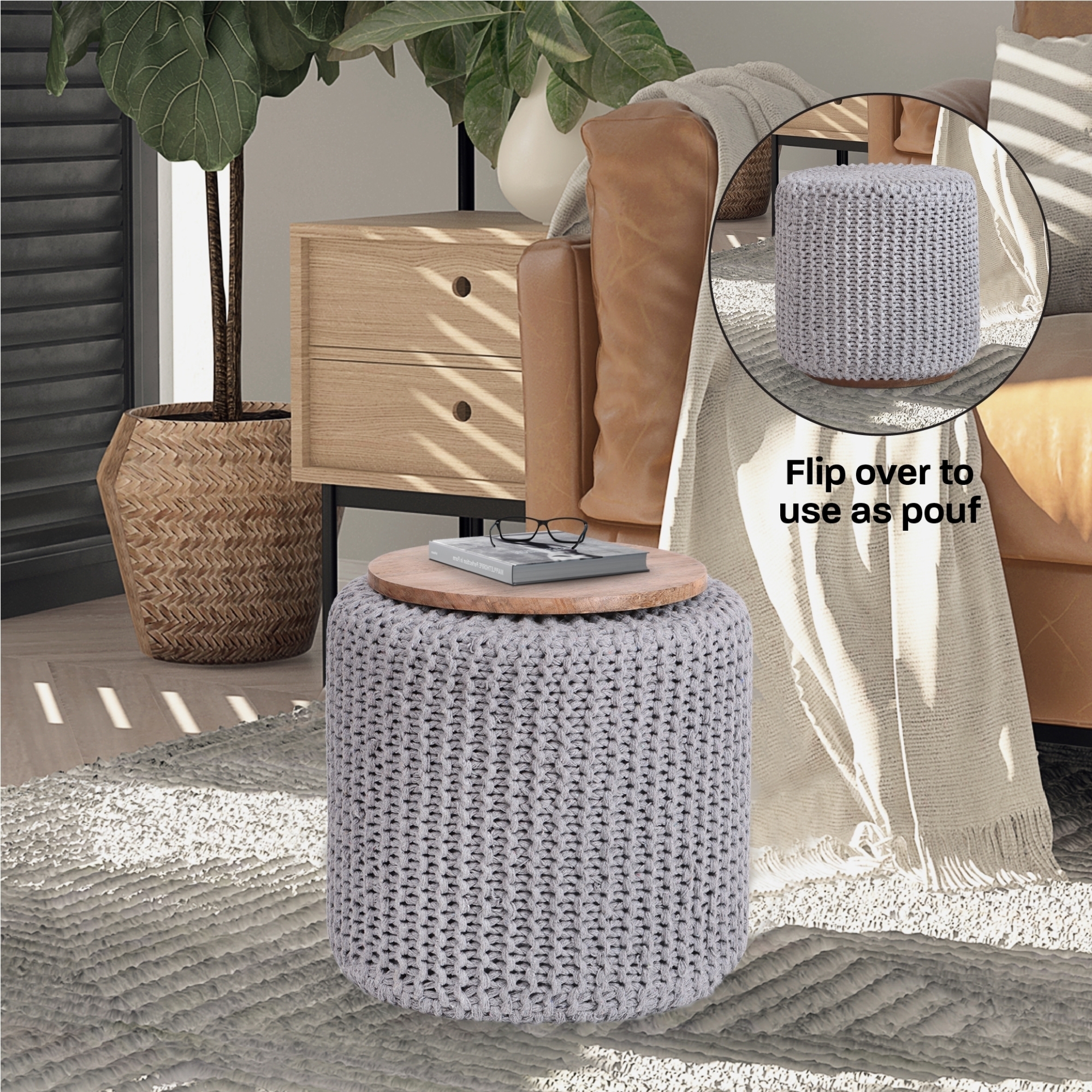 Boyd 3-in-1 Round Pouf-Ottoman-End Table - Light Grey