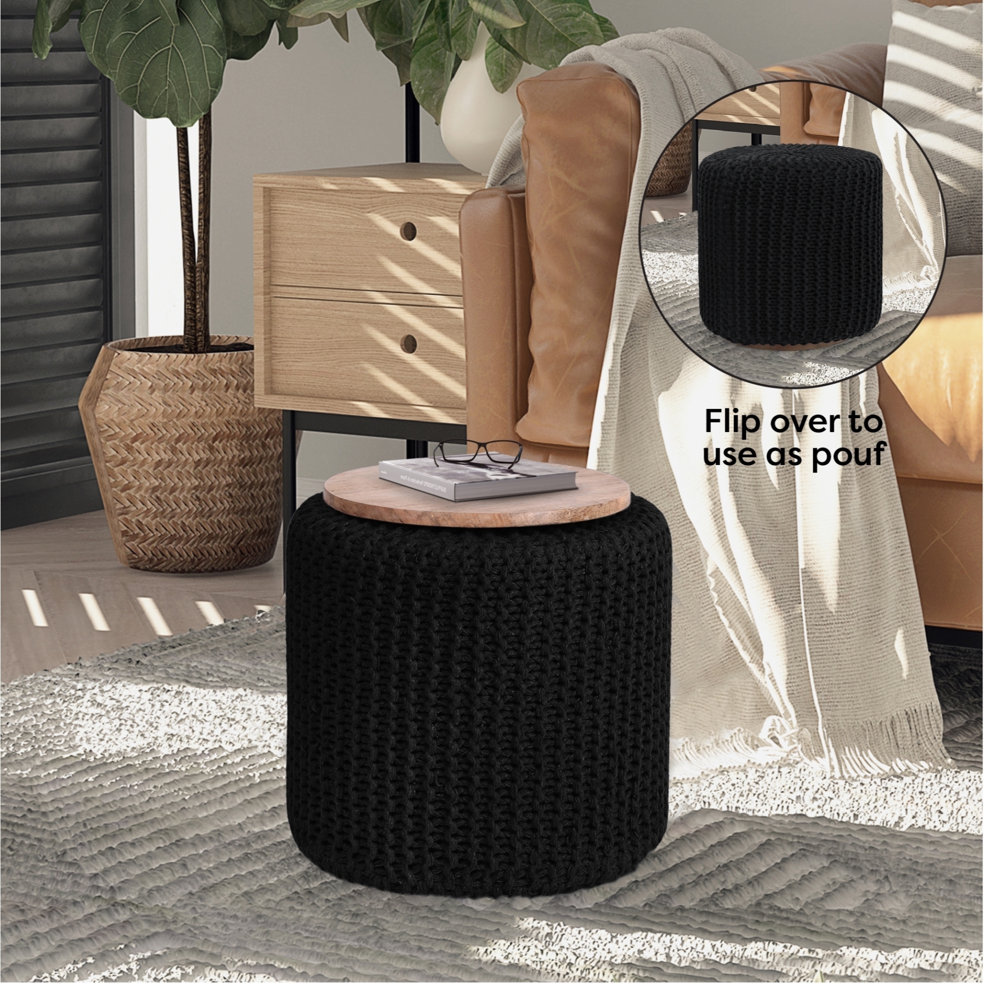Boyd 3-in-1 Round Pouf-Ottoman-End Table - Black