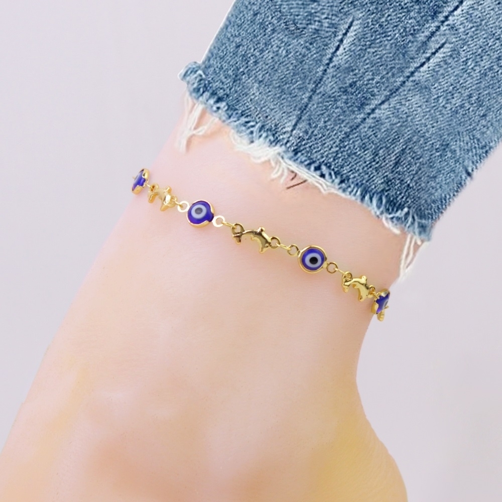 18K Yellow Gold Dolphin Blue Evil Eye Anklet Plated