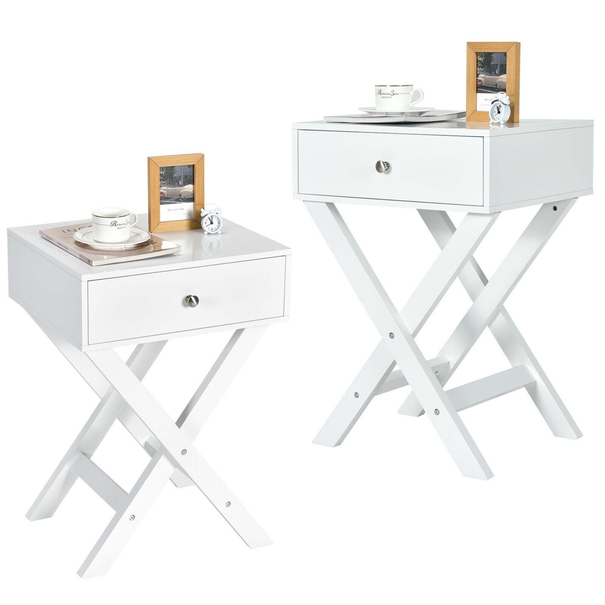 Set Of 2 X-Shaped Nightstand Side End Table Bedside Table W/ Drawer - White