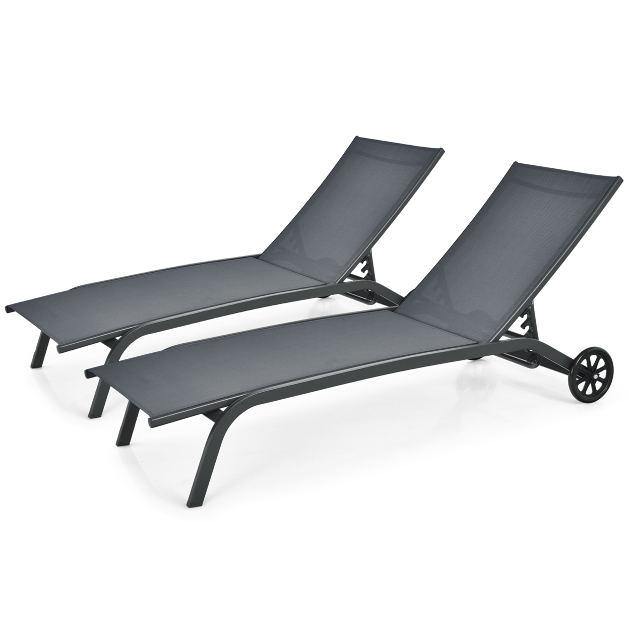 Set Of 2 Outdoor Chaise Lounge Chair Adjustable Patio Recliner W/ Wheels Grey