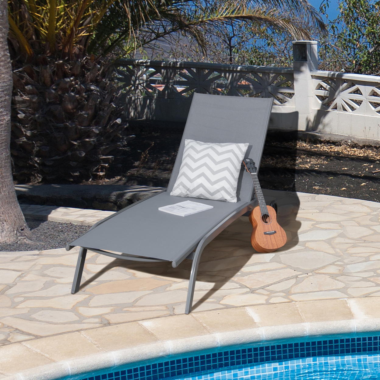 Outdoor Chaise Lounge Chair Adjustable Patio Recliner W/ Wheels Grey
