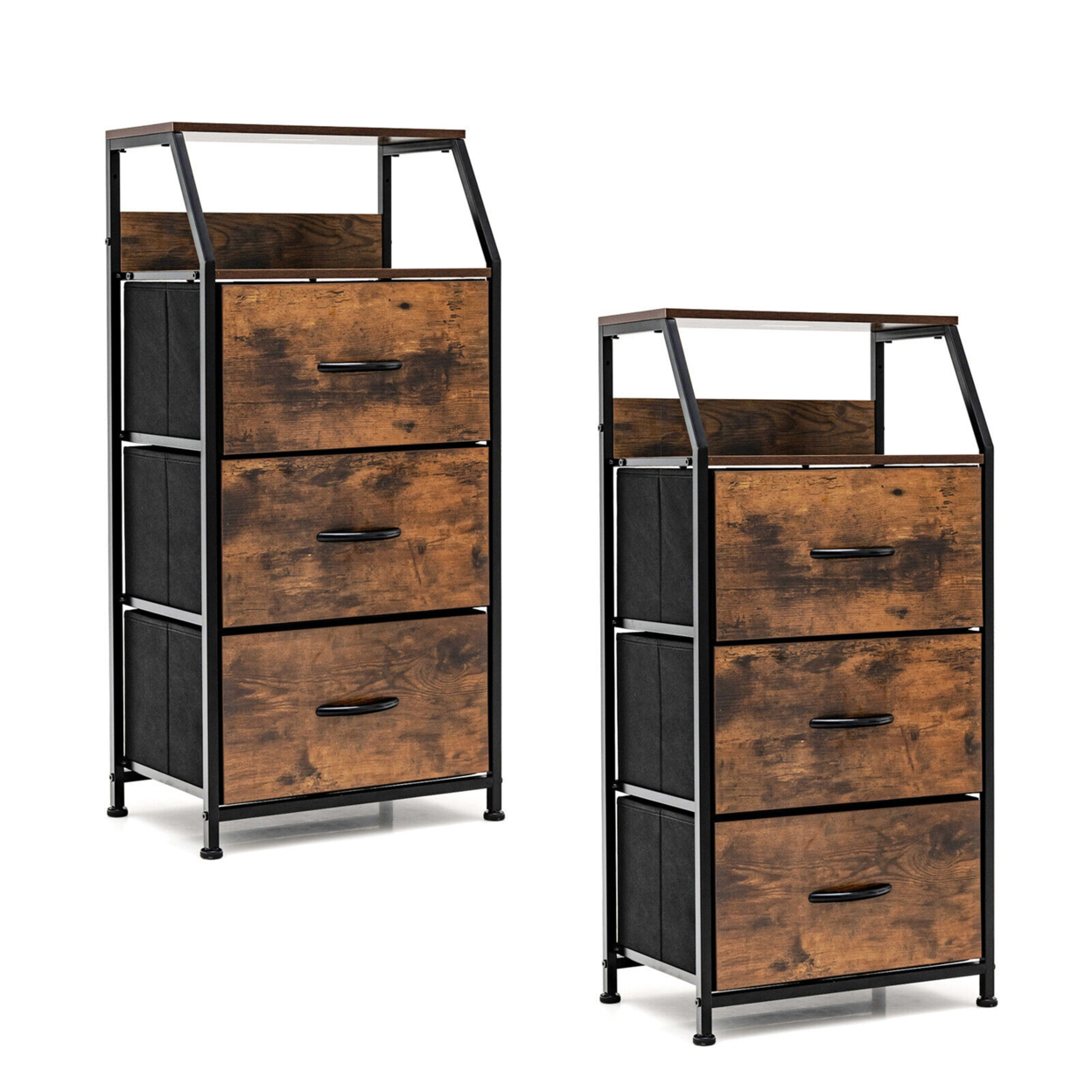 2PCS 3 Drawer Dresser W/ Wood Top Sturdy Steel Frame Storage Organizer Dresser