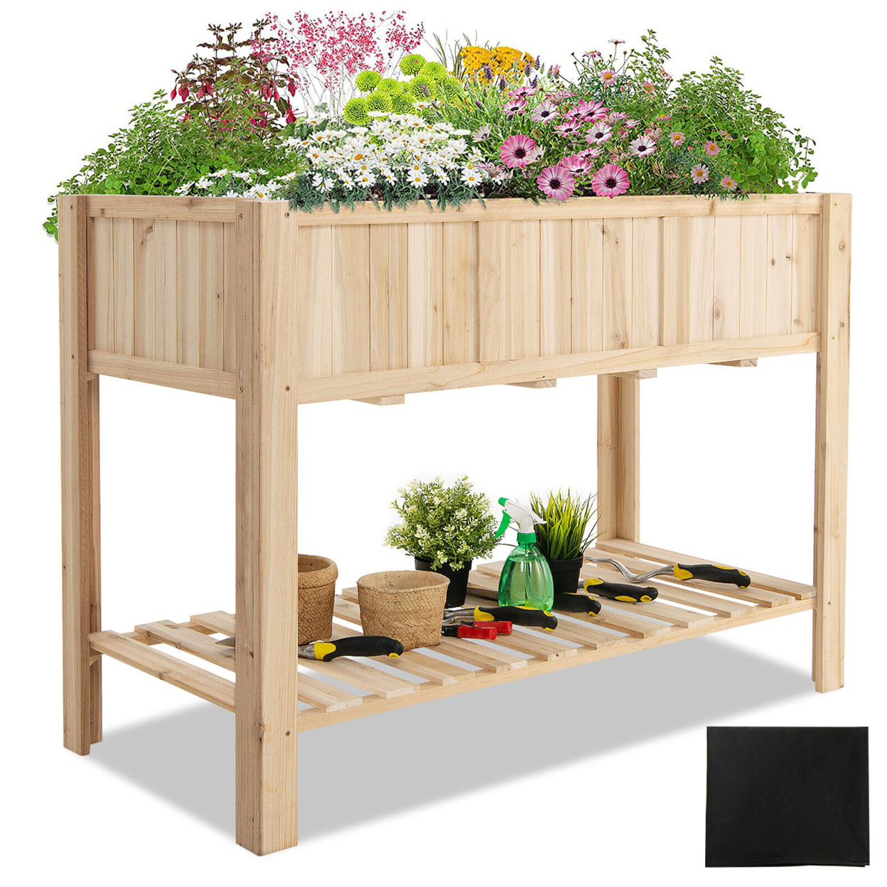 47'' Wooden Raised Garden Bed W/Bottom Shelf & Bed Liner Outdoor Elevated Planter Box