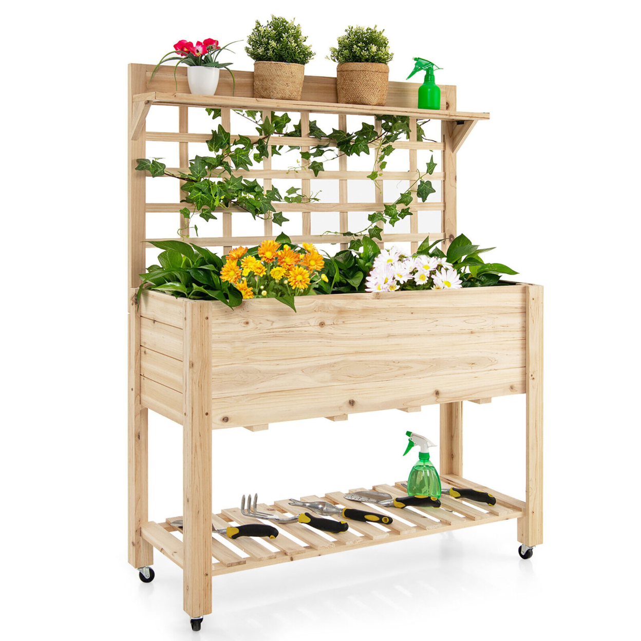 Raised Garden Bed Mobile Elevated Wooden Planter Box W/ Wheels Trellis Shelf